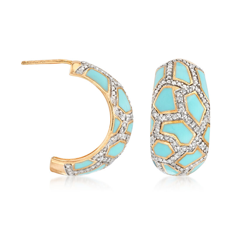 .50 ct. t.w. Diamond and Blue Enamel Animal-Print C-Hoop Earrings in 18kt Gold Over Sterling image number 2