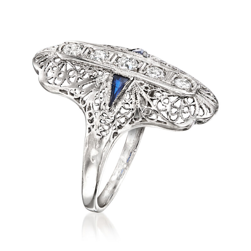 C. 1950 Vintage .15 ct. t.w. Diamond and .10 ct. t.w. Synthetic Sapphire Filigree Ring in 18kt White Gold. Size 5.75 image number 2