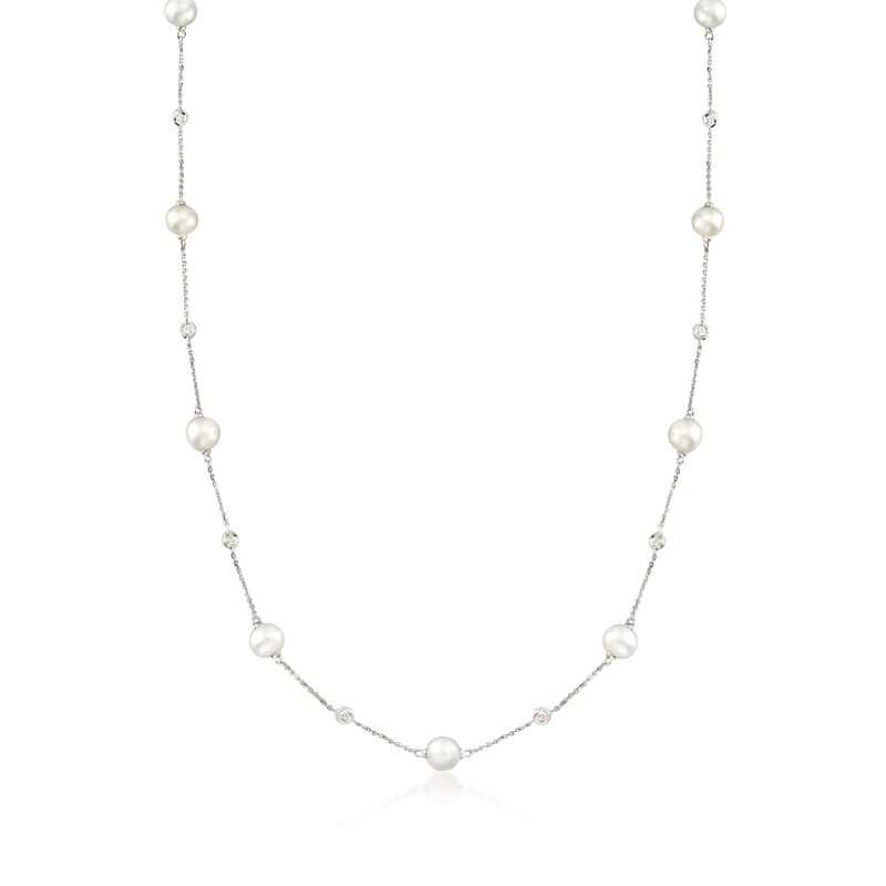 6-7mm Cultured Pearl and .30 ct. t.w. Diamond Station Necklace in 14kt White Gold image number 0