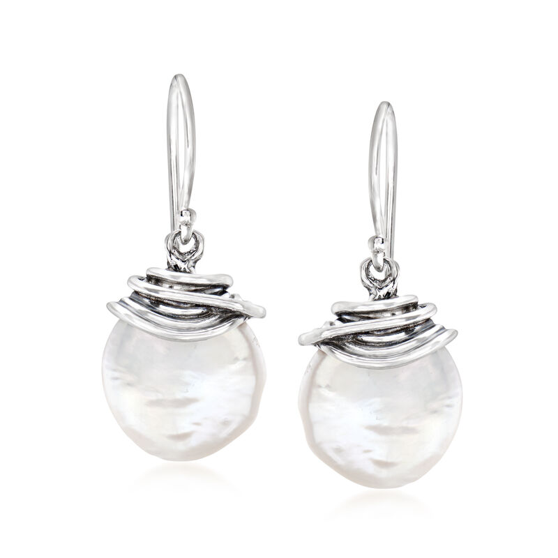 12-13mm Cultured Coin Pearl Drop Earrings in Sterling Silver image number 0