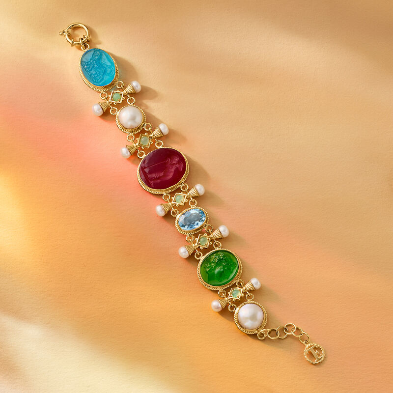 Italian Tagliamonte Multicolored Venetian Glass and 10.00 Carat Sky Blue Topaz Bracelet with Chrysoprase, 14-15mm Mabe Pearls and 6-6.5mm Cultured Pearls in 18kt Gold Over Sterling. 7.5" image number 4