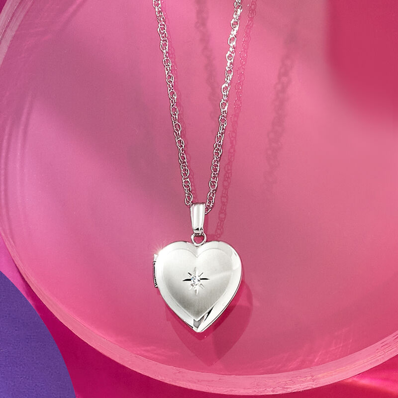 14kt White Gold Heart Locket Necklace with Single Diamond image number 4