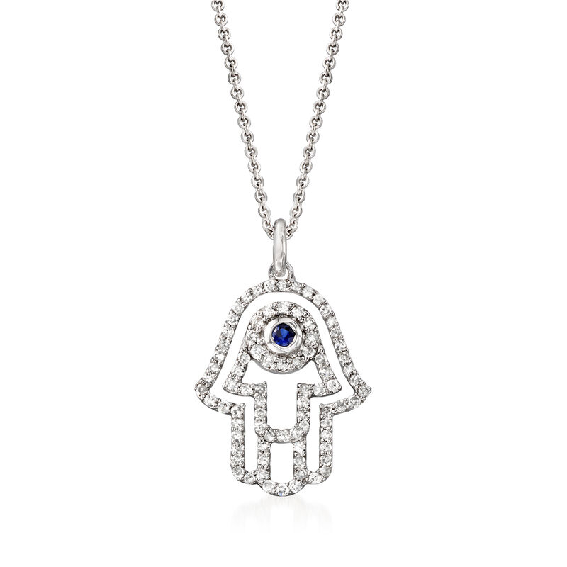.36 ct. t.w. Diamond Hamsa Hand Pendant Necklace with Sapphire Accent in 14kt White Gold image number 0