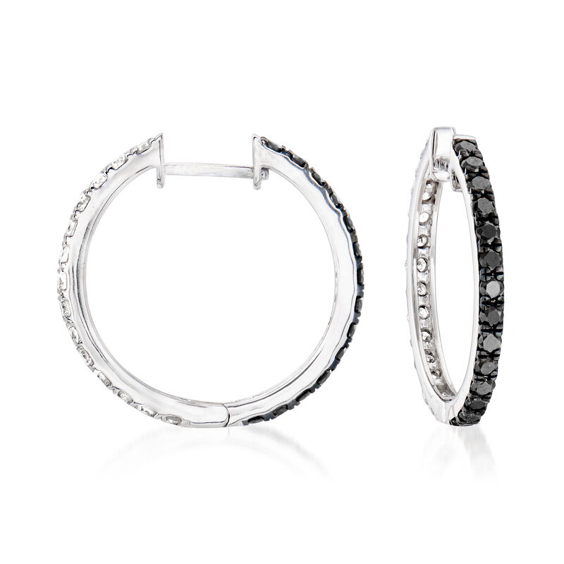1.00 ct. t.w. Black and White Diamond Hoop Earrings in Sterling Silver image number 2