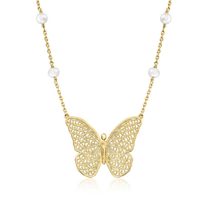 14kt Yellow Gold-Plated Filigree Butterfly Necklace with 5.5-6mm Cultured Pearls. 18" image number 1