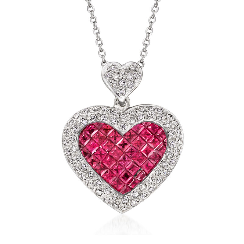 C. 2000 Vintage 2.50 ct. t.w. Ruby and 1.10 ct. t.w. Diamond Heart Pendant Necklace in 18kt White Gold. 17" image number 0