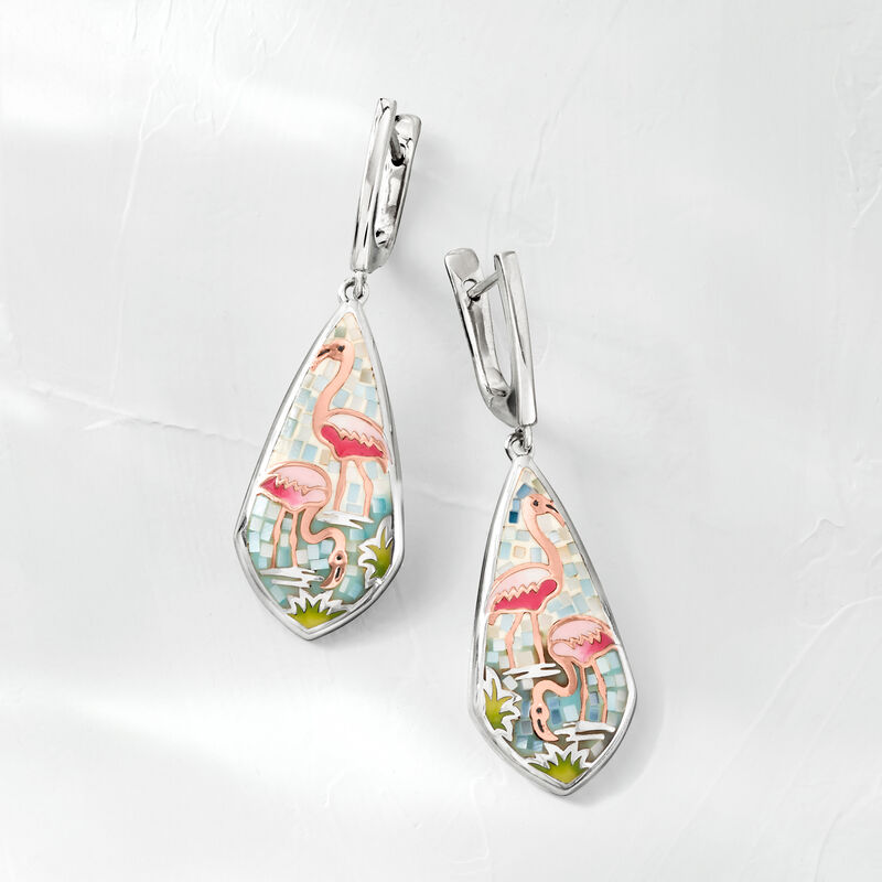 Mother-of-Pearl and Multicolored Enamel Flamingo Mosaic Drop Earrings in Sterling Silver and 18kt Rose Gold Over Sterling image number 3
