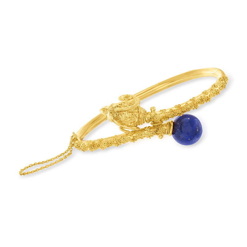 C. 1990 Vintage Lapis and 22kt Yellow Gold Ram's Head Bypass Bangle Bracelet. 7&quot; image number 0