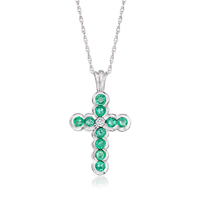 C. 1990 Vintage .30 ct. t.w. Emerald Cross Pendant Necklace with Single Diamond in 14kt White Gold
