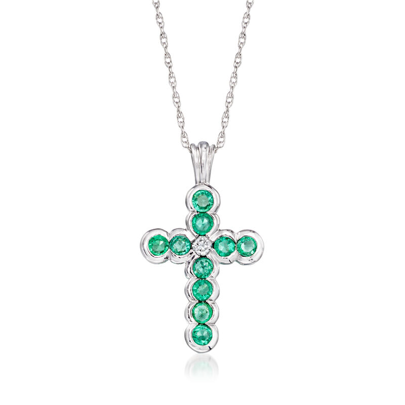 C. 1990 Vintage .30 ct. t.w. Emerald Cross Pendant Necklace with Single Diamond in 14kt White Gold. 18" image number 0