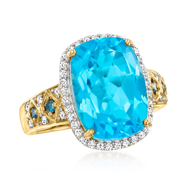 8.00 Carat Swiss Blue Topaz Ring with .34 ct. t.w. Blue and White Diamonds in 14kt Yellow Gold image number 3