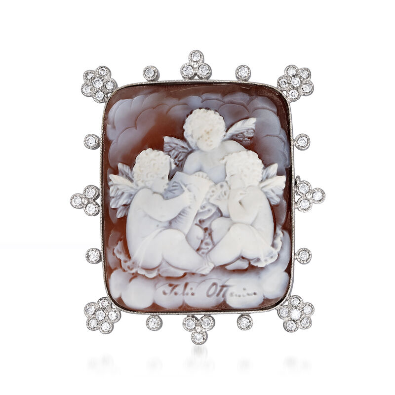C. 2000 Vintage Pink Shell and .65 ct. t.w. Diamond Three-Cherub Cameo Pin/Pendant in 18kt White Gold image number 0