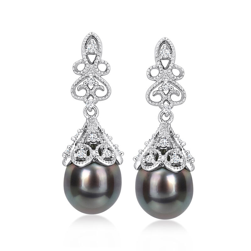 8-8.5mm Black Cultured Tahitian Pearl and .20 ct. t.w. White Topaz Drop Earrings in Sterling Silver  image number 0