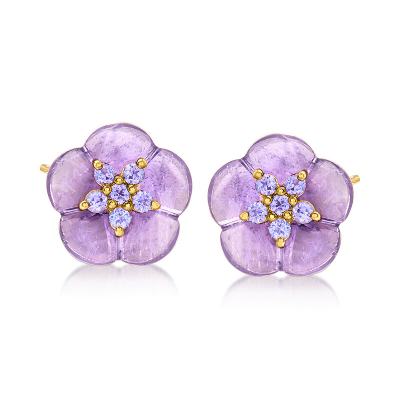 5.50 ct. t.w. Amethyst and .30 ct. t.w. Tanzanite Flower Earrings in 18kt Gold Over Sterling image number 0