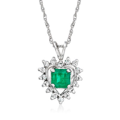 C. 2020 Vintage .60 Carat Emerald and .32 ct. t.w. Diamond Heart Pendant Necklace in 14kt White Gold