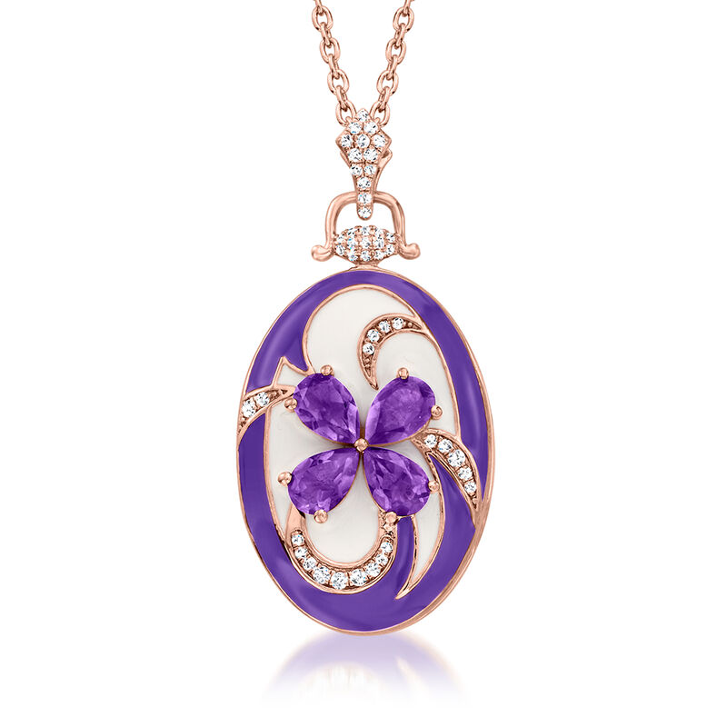 1.50 ct. t.w. Amethyst and .30 ct. t.w. White Zircon Flower Locket Necklace with Multicolored Enamel in 18kt Rose Gold Over Sterling. 18&quot; image number 1