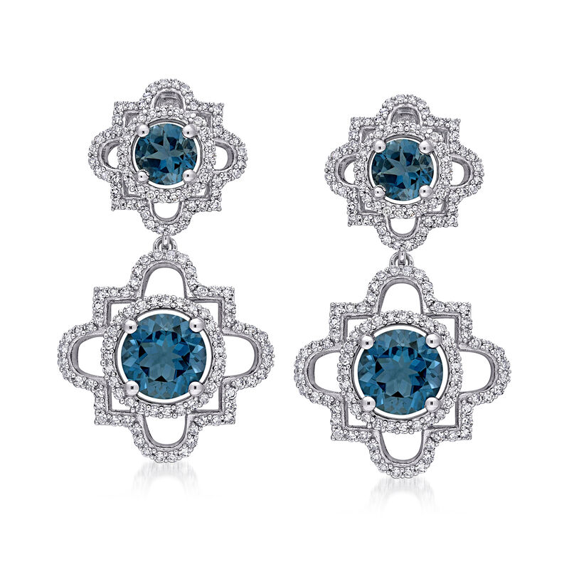 4.20 ct. t.w. London Blue Topaz and 1.00 ct. t.w. Diamond Drop Earrings in 14kt White Gold image number 0
