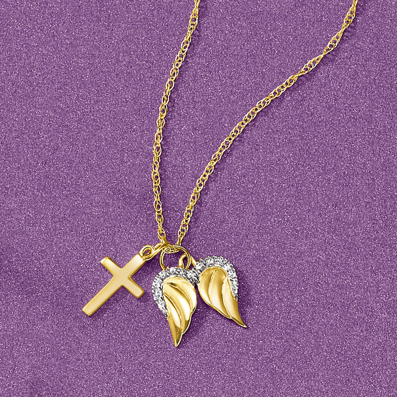 14kt Yellow Gold Cross and Angel Wings Pendant Necklace with Diamonds image number 4