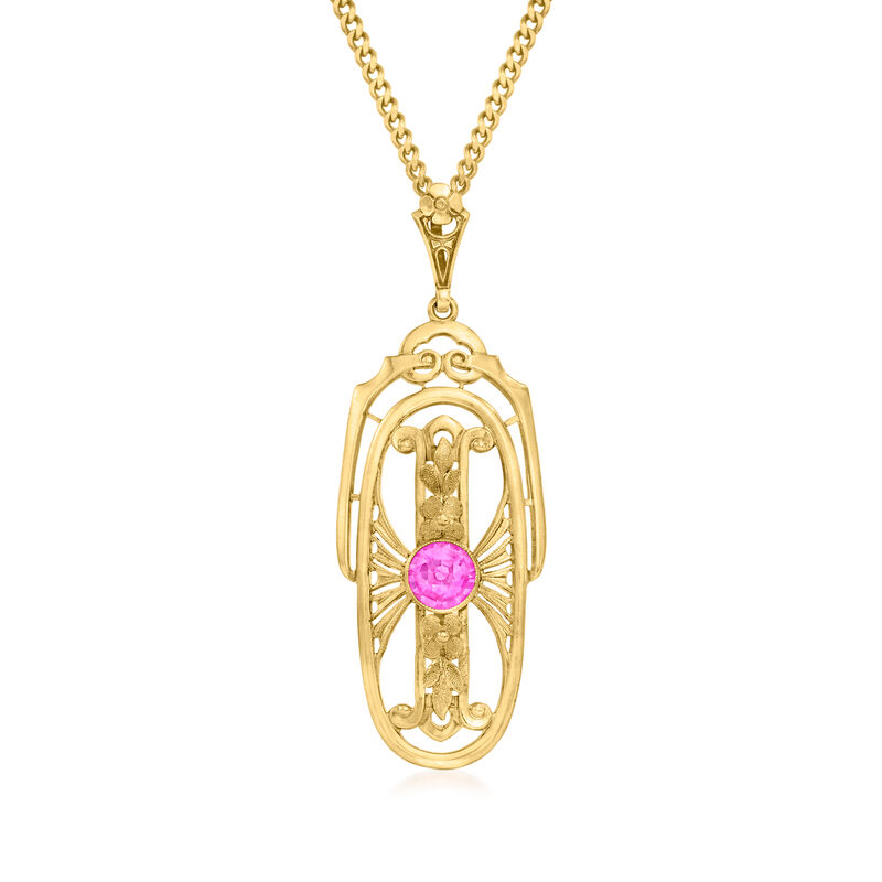 C. 1980 Vintage 1.10 Carat Lab-Grown Ruby Pendant Necklace in 9kt and 10kt Yellow Gold. 26.5&quot; image number 0