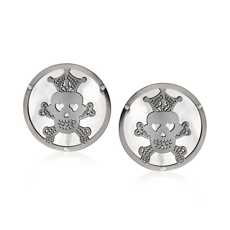 Italian Sterling Silver Skull and Crossbones Disc Earrings image number 0