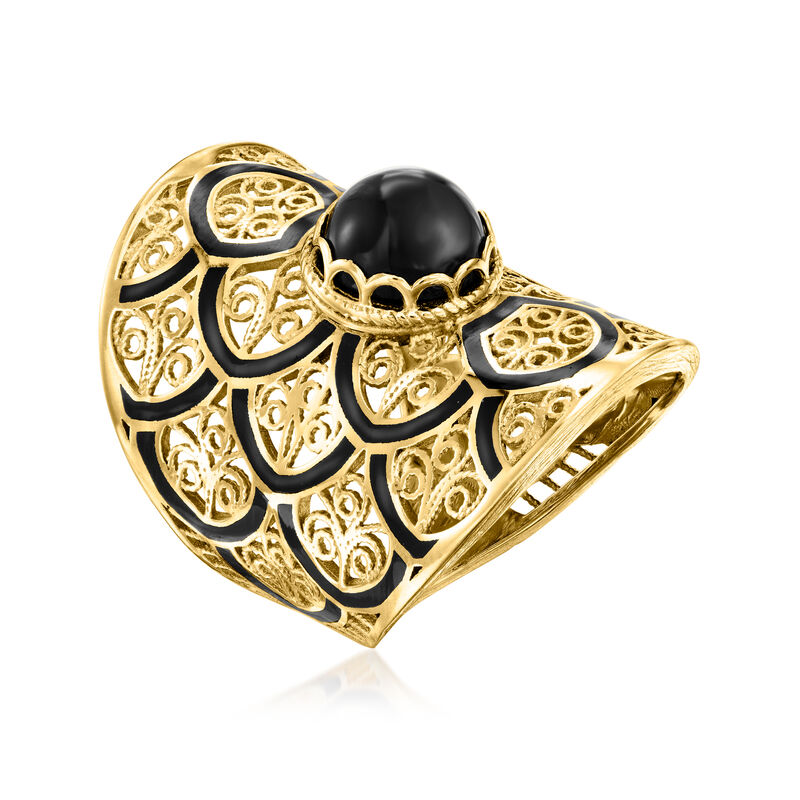 Onyx and Black Enamel Filigree Ring in 18kt Gold Over Sterling image number 2