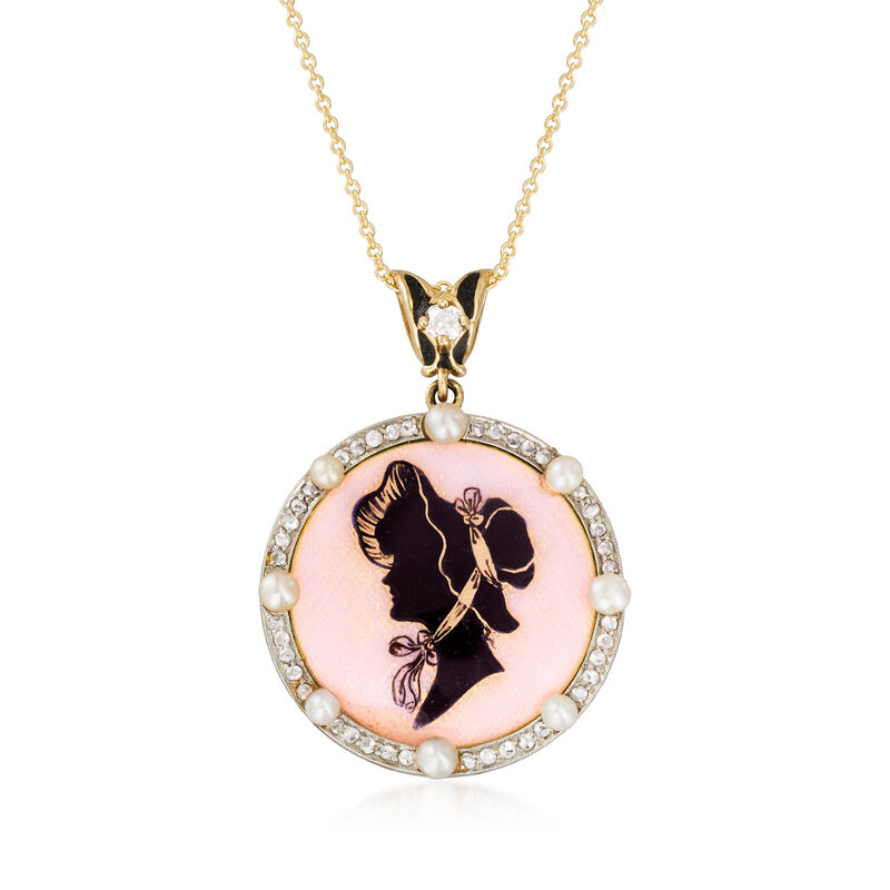 C. 1910 Vintage 3mm Cultured Pearl and .48 ct. t.w. Diamond Pendant Necklace with Enamel in Platinum and 18kt Yellow Gold. 18&quot; image number 0