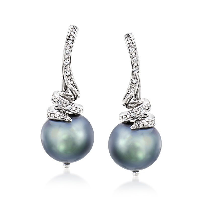 10-11mm Black Cultured Pearl and .10 ct. t.w. Diamond Drop Earrings in Sterling Silver  image number 0