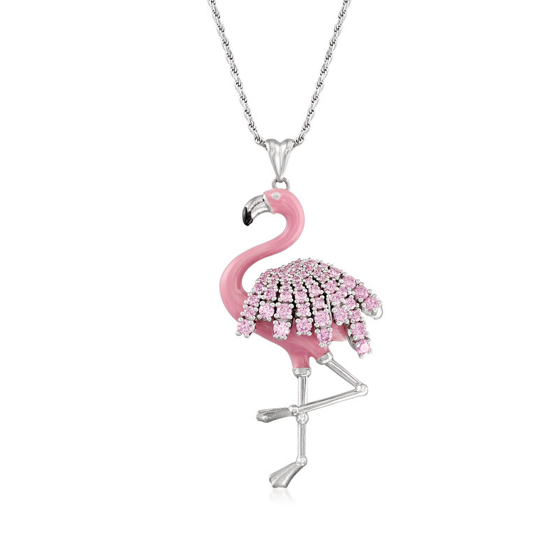 Italian 1.30 ct. t.w. Pink CZ Flamingo Pendant Necklace with Pink Enamel in Sterling Silver image number 0