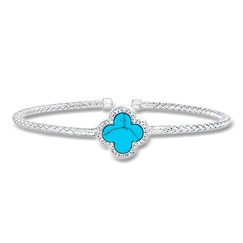 Charles Garnier "Color Me" Synthetic Turquoise Clover and .10 ct. t.w. CZ Cuff Bracelet in Sterling Silver. 7.5" image number 0