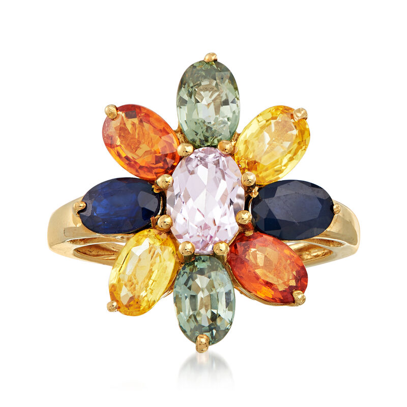 C. 1990 Vintage 5.70 ct. t.w. Multicolored Sapphire Flower Ring in 14kt Yellow Gold image number 0