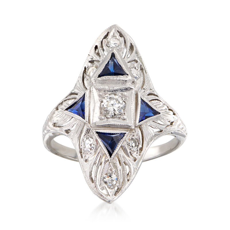C. 1980 Vintage .25 ct. t.w. Diamond and .70 ct. t.w. Simulated Sapphire Ring in 18kt White Gold. Size 6 image number 0