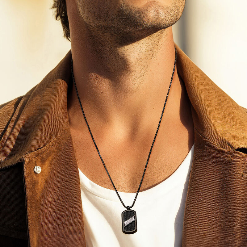 ALOR Men's Black Stainless Steel Dog Tag Pendant Necklace with .12 ct. t.w. Diamonds and 14kt White Gold image number 1