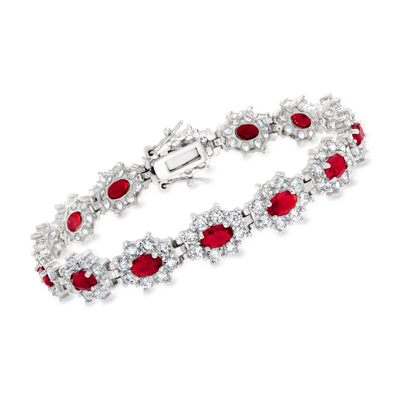 7.00 ct. t.w. Simulated Ruby and 6.00 ct. t.w. CZ Flower Bracelet in Sterling Silver image number 0