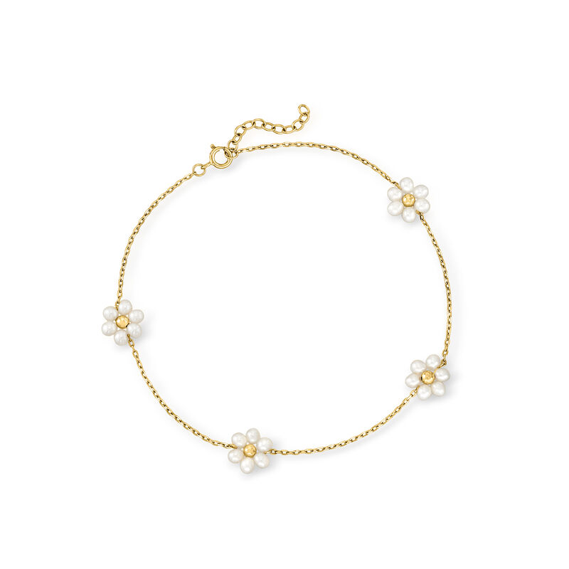 3-3.5mm Cultured Pearl Flower Station Anklet in 14kt Yellow Gold. 9&quot; image number 0