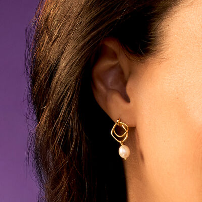 6-6.5mm Cultured Pearl Double-Loop Drop Earrings in 18kt Gold Over Sterling