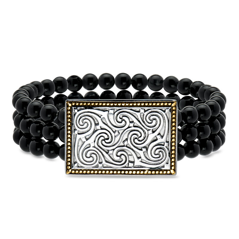 C. 2000 Vintage 6mm Simulated Onyx Bead Three-Row Stretch Bracelet with Sterling Silver. 7.5" image number 0