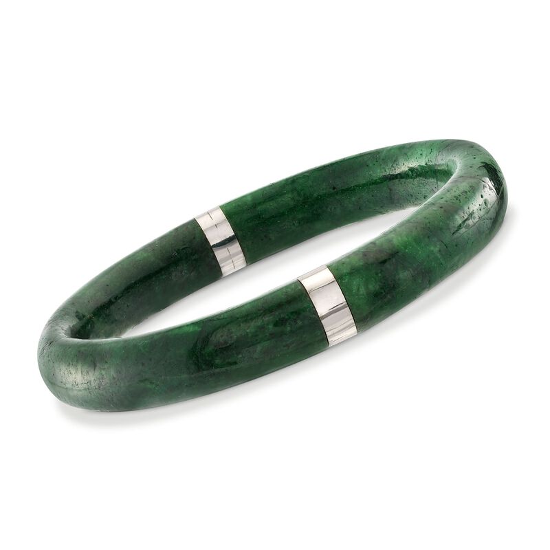 Green Jade Bangle Bracelet with Sterling Silver. 7&quot; image number 0