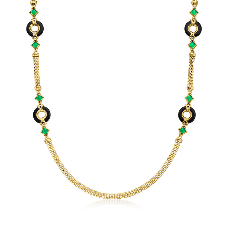 C. 1990 Vintage Onyx and Green Chalcedony Necklace in 14kt Yellow Gold image number 0