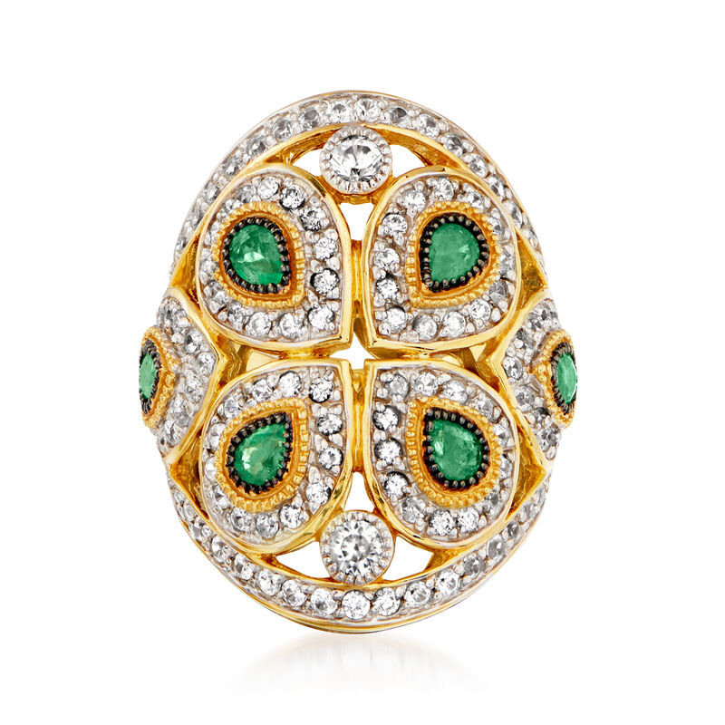 2.10 ct. t.w. White Zircon and 1.20 ct. t.w. Emerald Ring in 18kt Gold Over Sterling image number 0