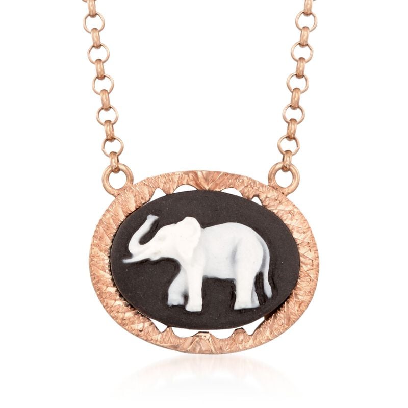 Italian Black Ceramic Elephant Cameo Necklace in 14kt Rose Gold