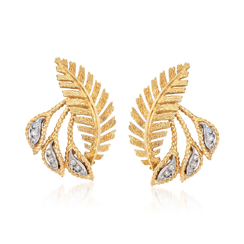 C. 1970 Vintage .20 ct. t.w. Diamond Leaf Clip-On Earrings in 18kt Yellow Gold image number 0