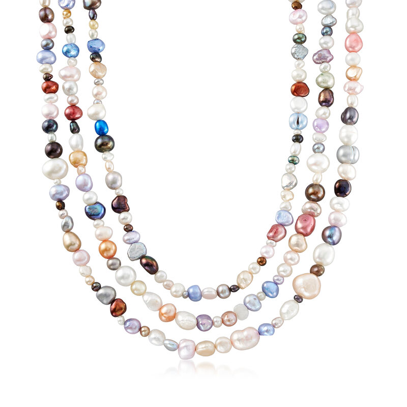 4-8mm Multicolored Cultured Baroque Pearl Jewelry Set: Four Bracelets and Necklace. 64&quot; image number 4