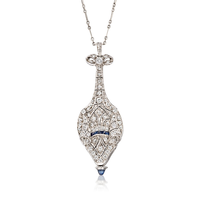 C. 1930 Vintage 1.06 ct. t.w. Diamond and .20 ct. t.w. Sapphire Watch Pendant Necklace in Platinum and 14kt White Gold. 20" image number 3
