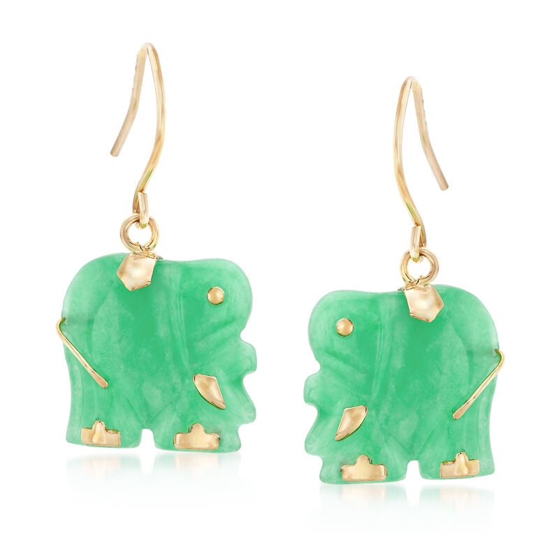 Carved Green Jade Elephant Drop Earrings in 14kt Yellow Gold image number 0