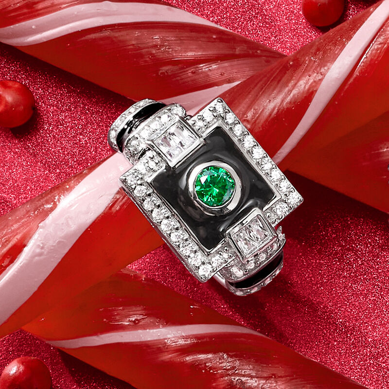 .23 Carat Simulated Emerald and .65 ct. t.w. CZ Art Deco-Style Ring with Black Enamel in Sterling Silver image number 3