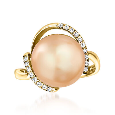 12-13mm Golden Cultured South Sea Pearl Ring with .11 ct. t.w. Diamonds in 14kt Yellow Gold