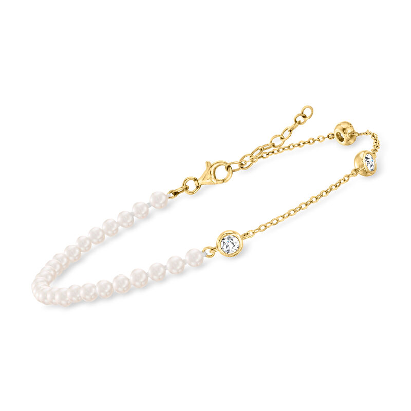 3.5-4mm Cultured Pearl and .80 ct. t.w. White Topaz Station Anklet in 18kt Gold Over Sterling. 9&quot; image number 2