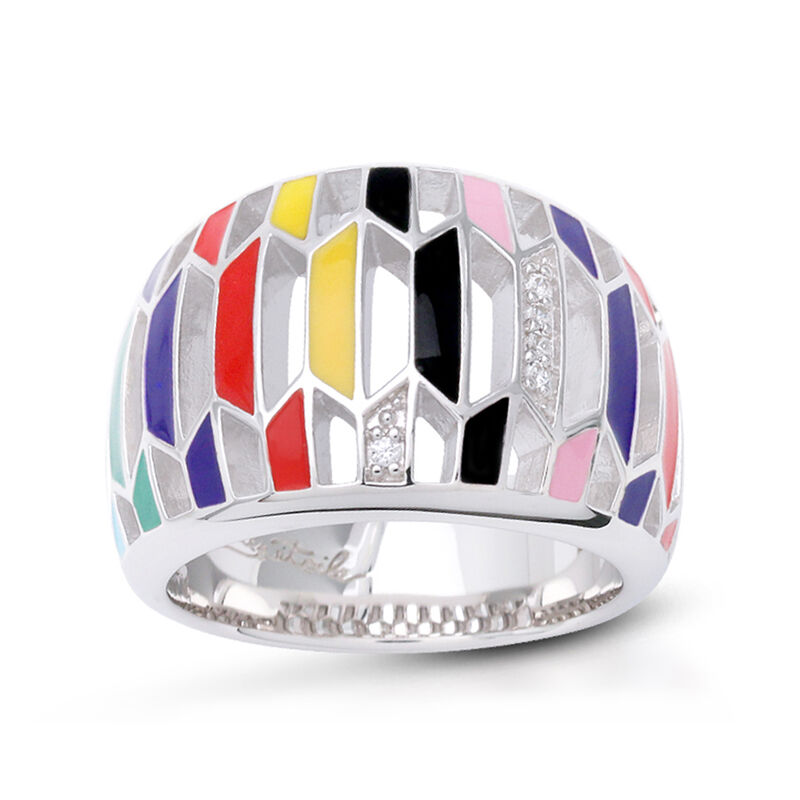 Belle Etoile &quot;Trapezio&quot; Multicolored Enamel Ring with CZ Accents in Sterling Silver. Size 7 image number 0