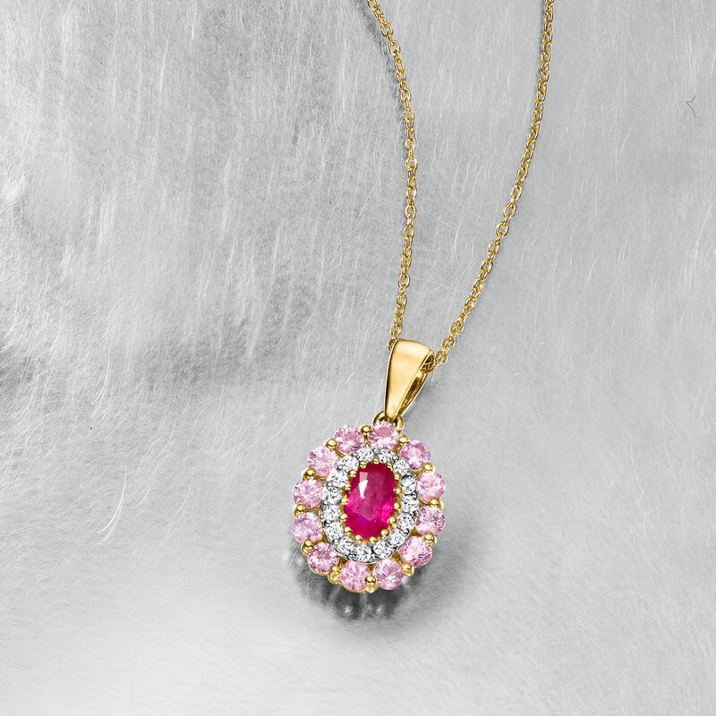 .30 Carat Ruby and .80 ct. t.w. Pink Sapphire Pendant Necklace with .14 ct. t.w. Diamond in 14kt Yellow Gold. 18&quot; image number 2
