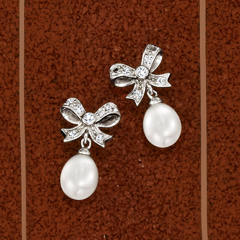 8-9mm Cultured Pearl and .30 ct. t.w. White Topaz Bow Drop Earrings in Sterling Silver image number 3